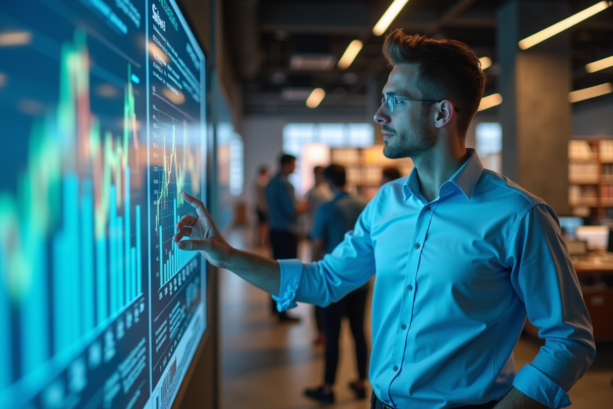 Jeune analyste financier montrant des graphiques d