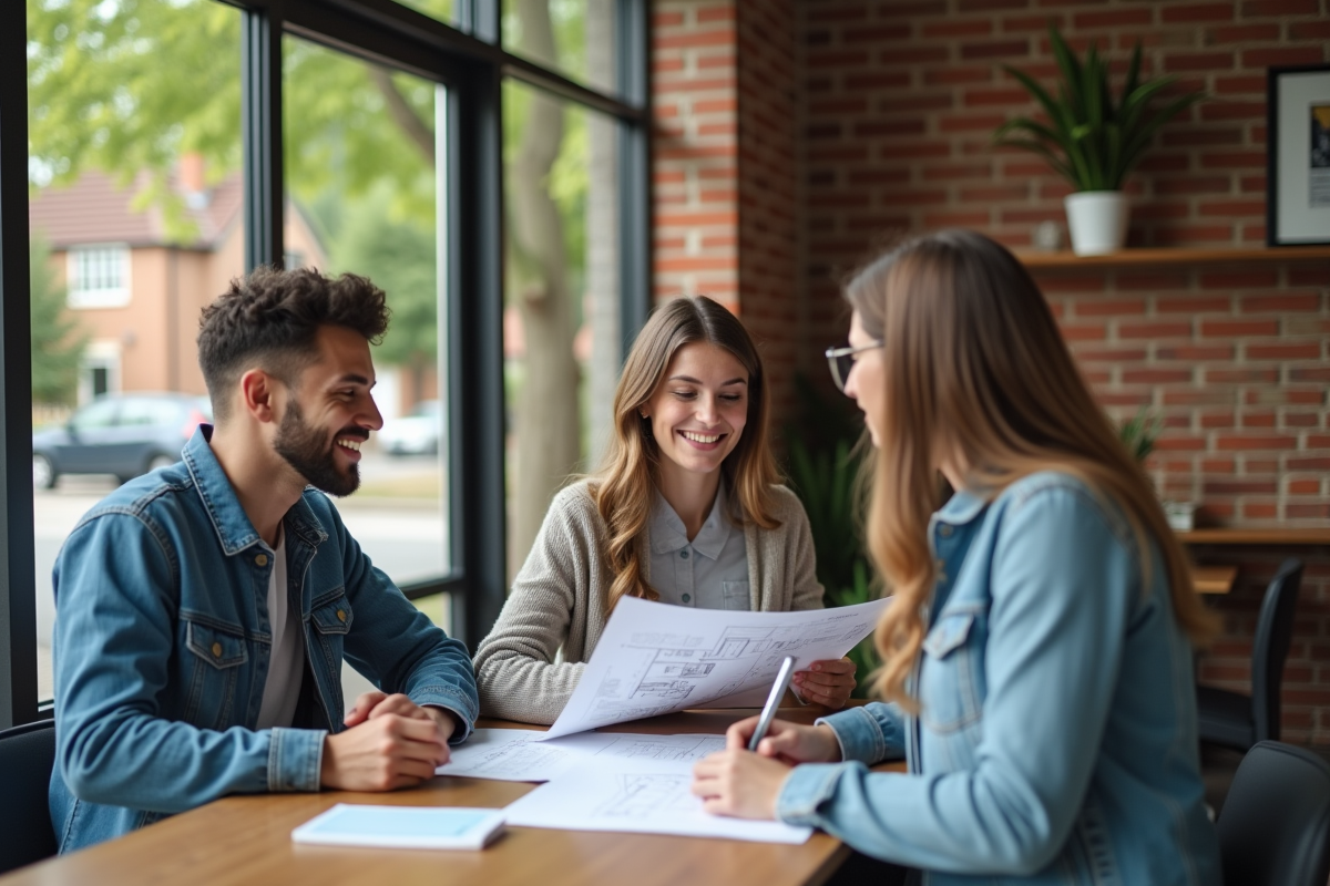 Jeune couple rencontrant un banquier avec plans et papiers