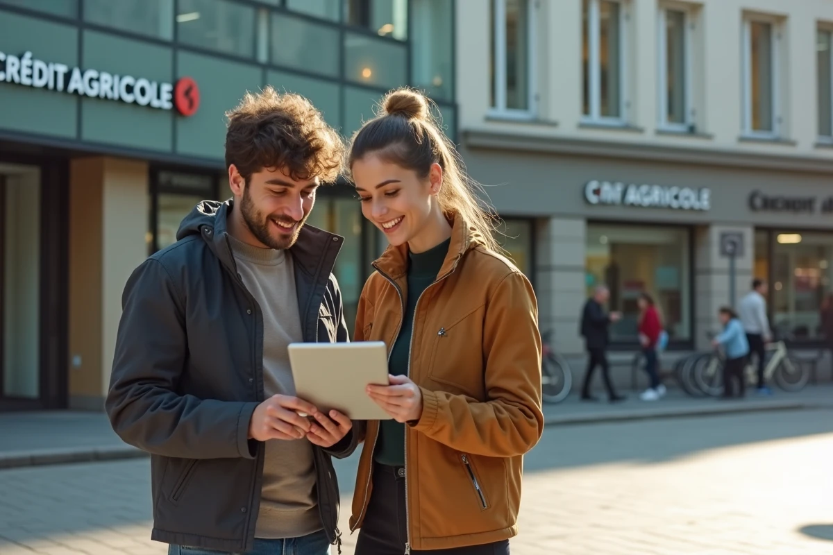 Jeune couple consultant les services digitaux du Crédit Agricole sur une tablette devant une agence en ville