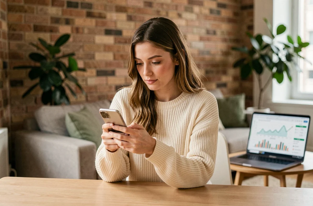 Jeune femme consultant une application d'épargne en bitcoin sur son smartphone dans un appartement moderne