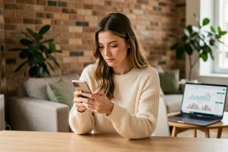 Jeune femme consultant une application d'épargne en bitcoin sur son smartphone dans un appartement moderne