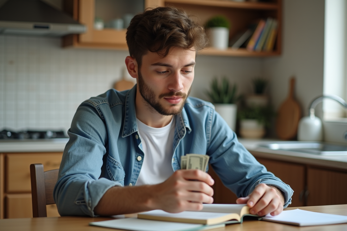 Jeune étudiant à la maison comparant livre et argent