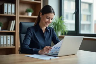 Jeune femme professionnelle en bureau moderne avec graphique de salaire