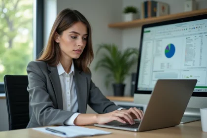 Jeune femme professionnelle travaillant sur un ordinateur dans un bureau moderne