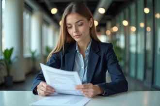 Jeune femme en bureau regardant son bulletin de salaire