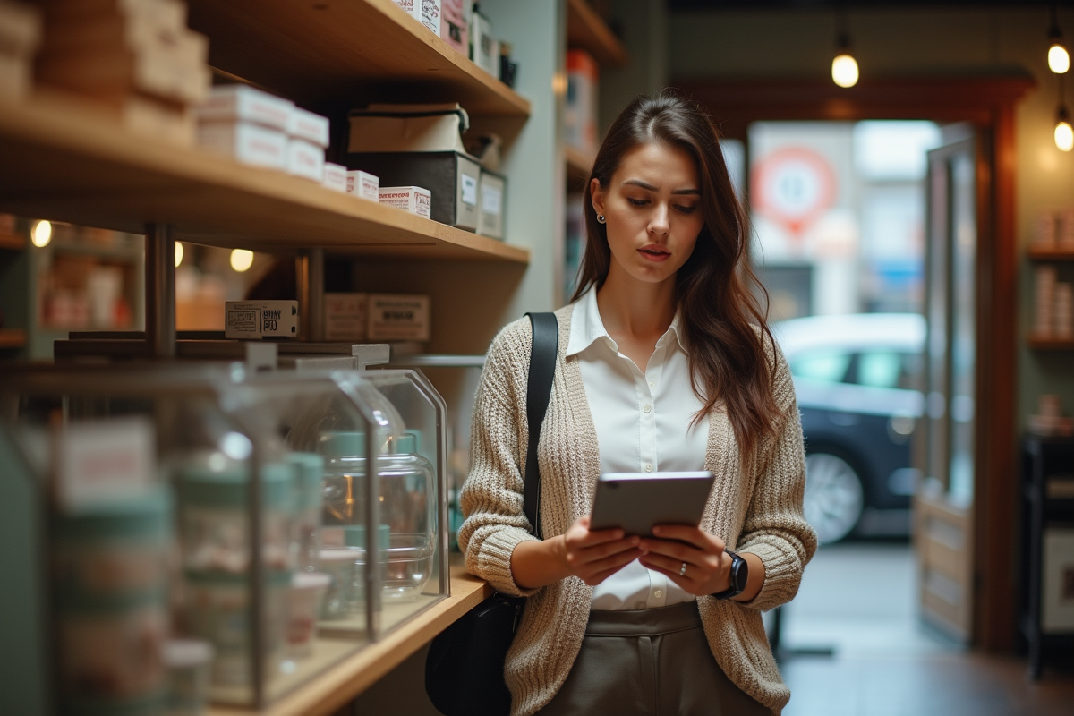 Jeune femme entrepreneure regardant ses ventes sur une tablette dans sa boutique