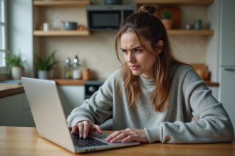 Jeune femme anxieuse devant son ordinateur dans la cuisine
