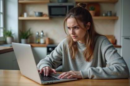 Jeune femme anxieuse devant son ordinateur dans la cuisine