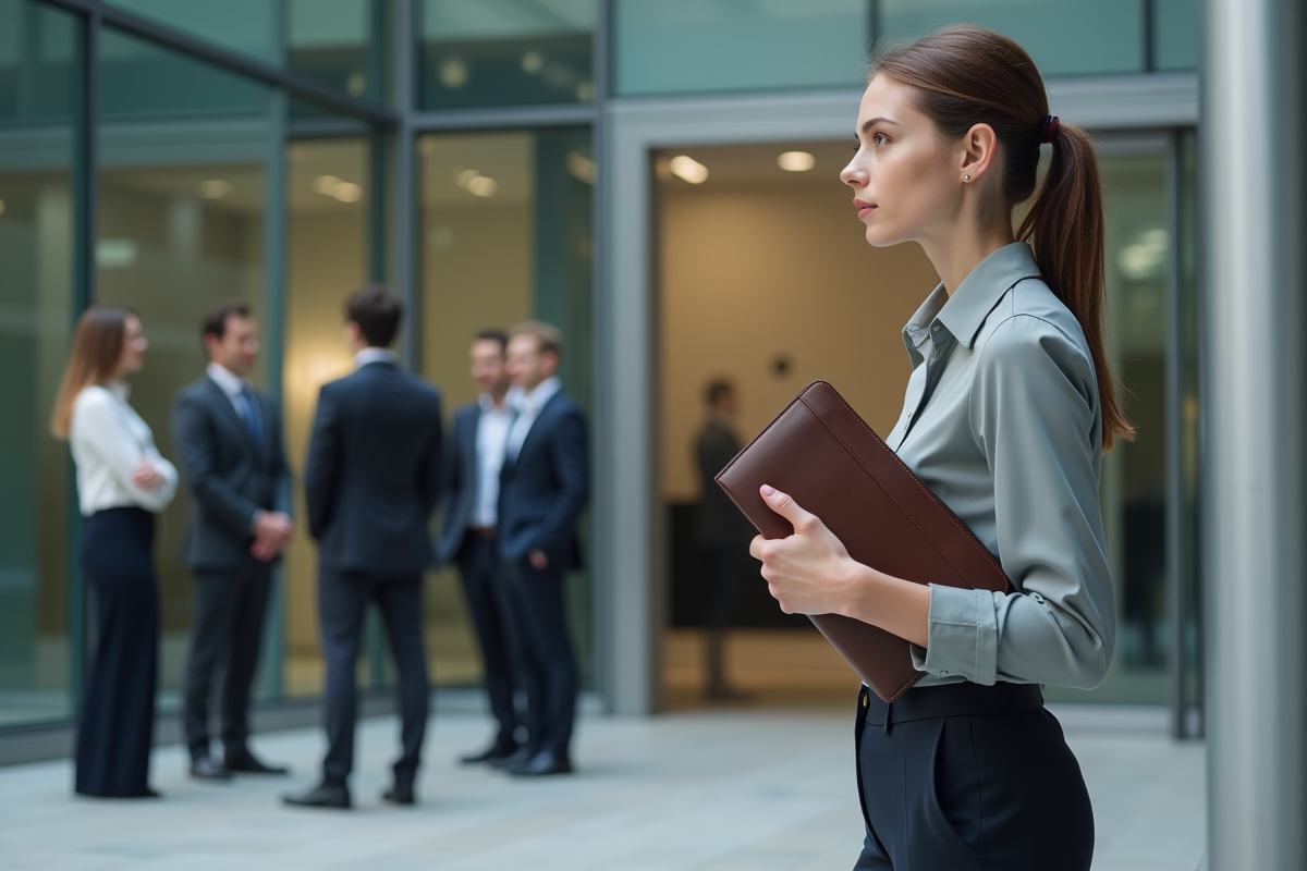 Jeune femme devant un bâtiment de bureau moderne