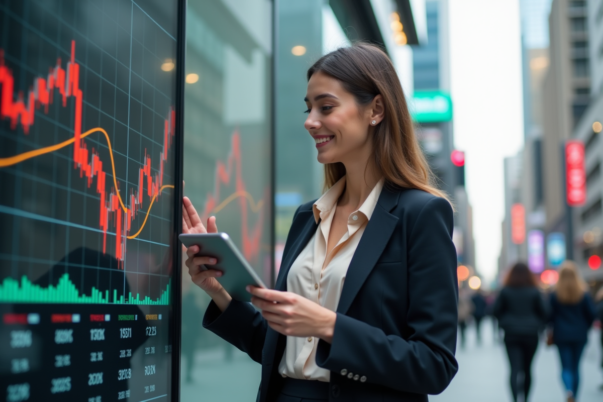 Jeune femme en extérieur avec tableau de marché