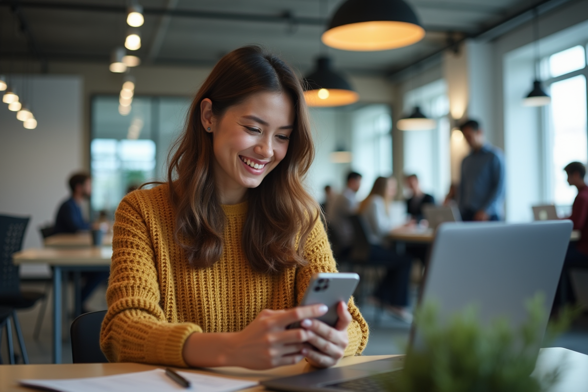Jeune femme souriante utilisant son smartphone dans un espace de coworking