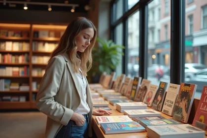 Jeune femme dans une librairie moderne feuilletant des livres illustrés