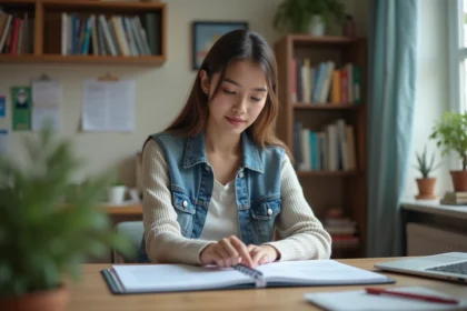 Jeune femme organisant ses documents dans un appartement étudiant