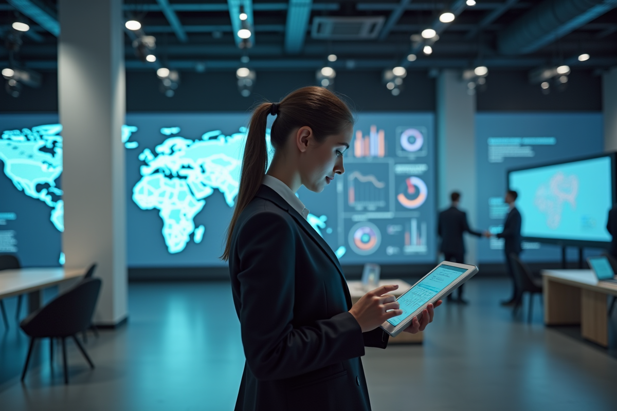 Jeune femme utilisant une tablette avec une carte financière numérique