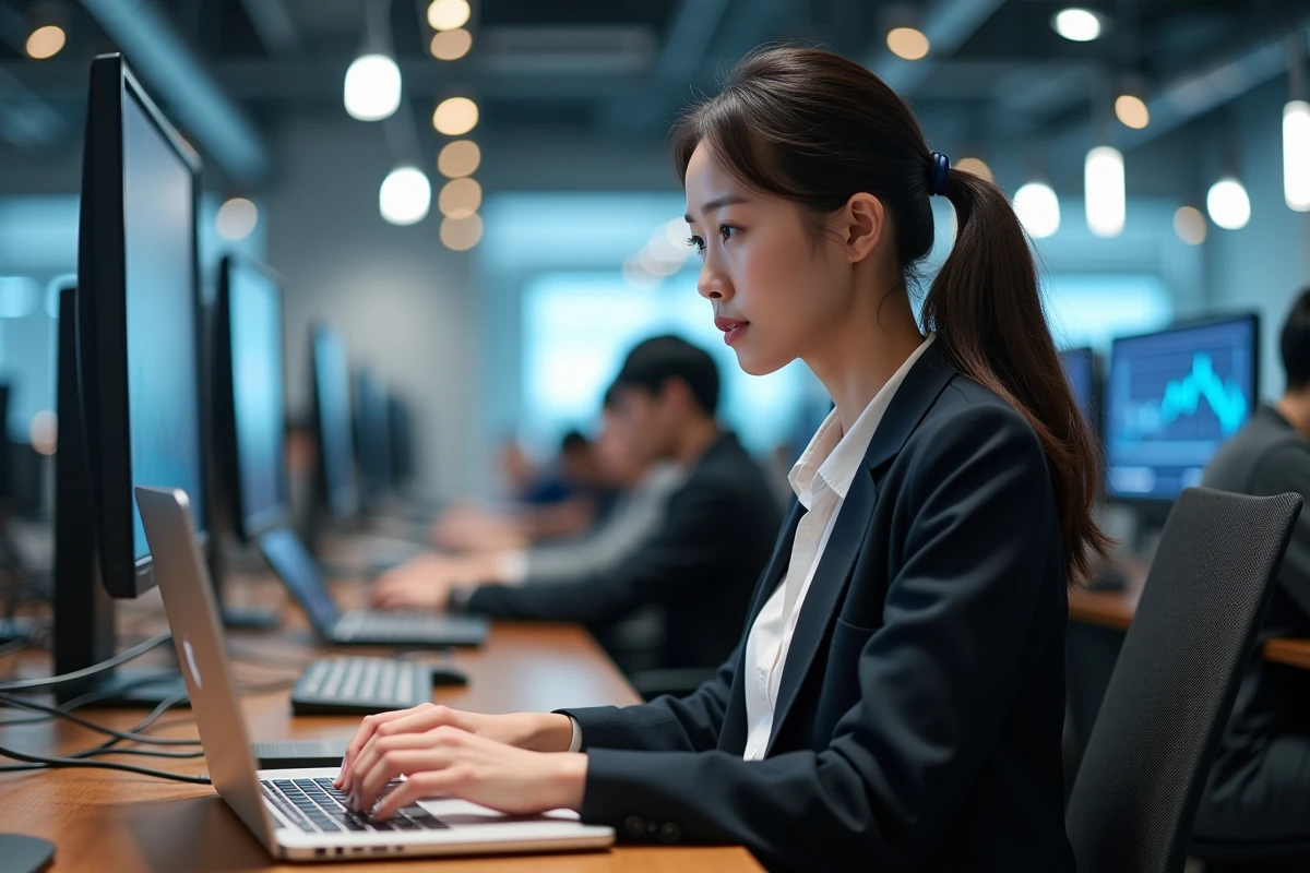 Jeune femme asiatique travaillant dans un espace technologique dynamique