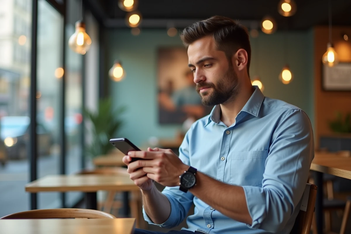 Jeune homme utilisant une application bancaire sur smartphone au café