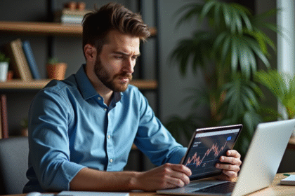 Jeune homme pensif étudiant des graphiques de cryptomonnaie