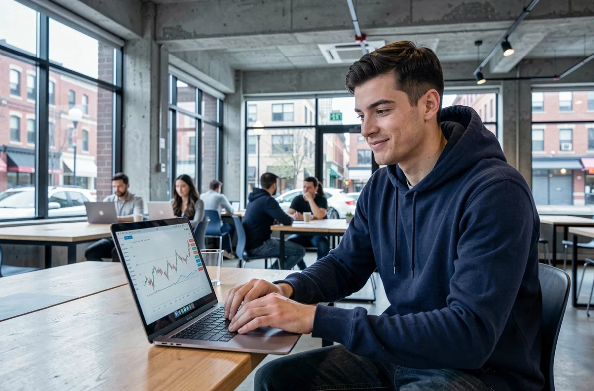 Jeune homme analysant ses rendements d'épargne crypto dans un espace de coworking urbain