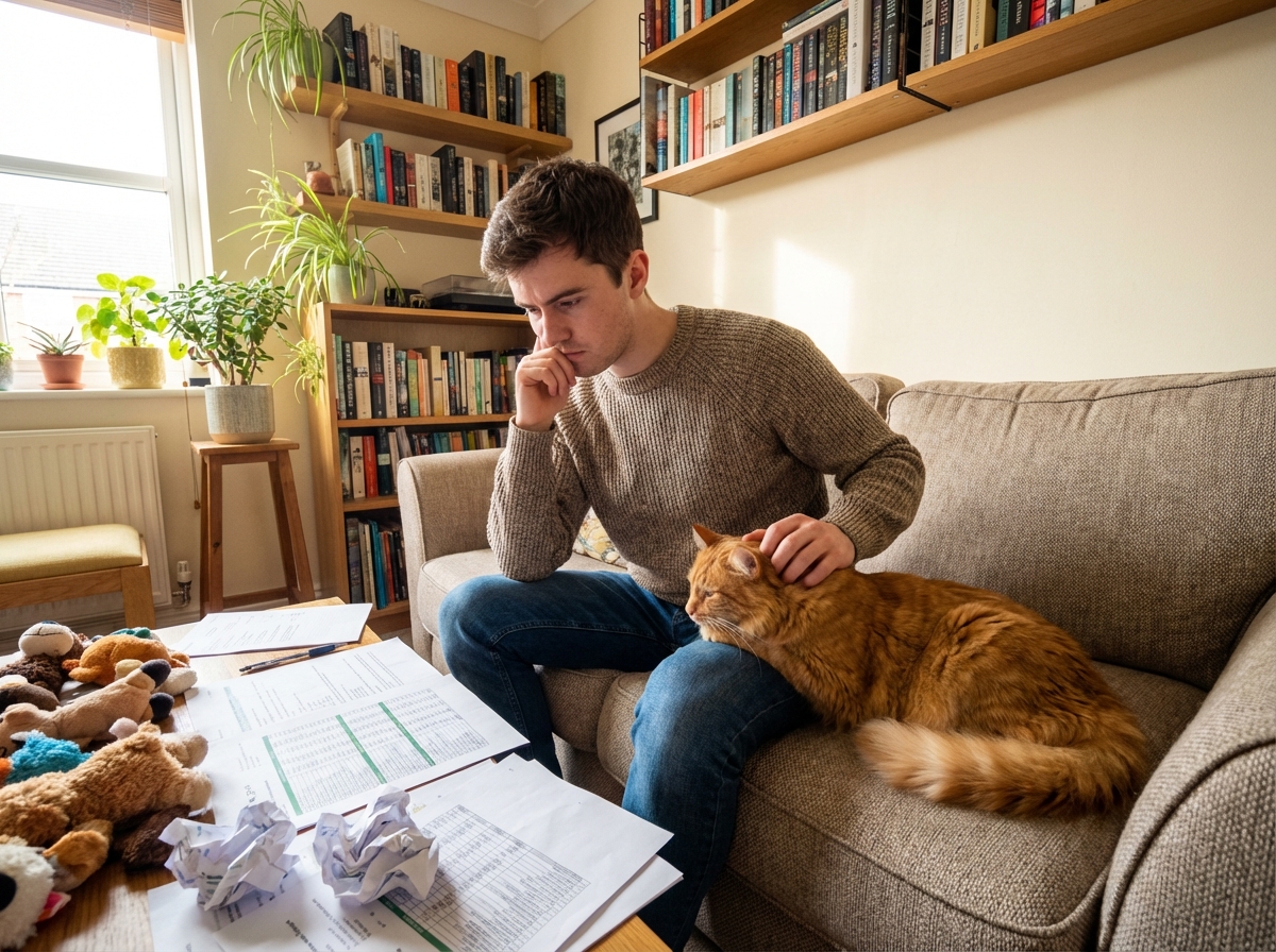 Jeune homme caressant un chat dans son salon avec documents financiers