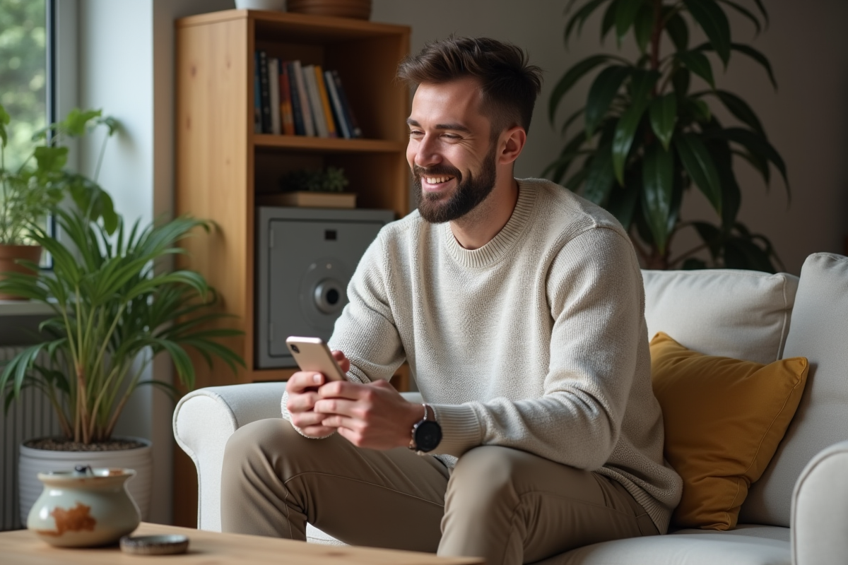 Jeune homme détendu avec smartphone dans salon cosy