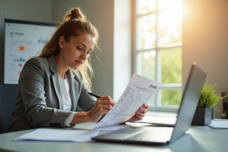 Jeune professionnel analysant une fiche de paie au bureau