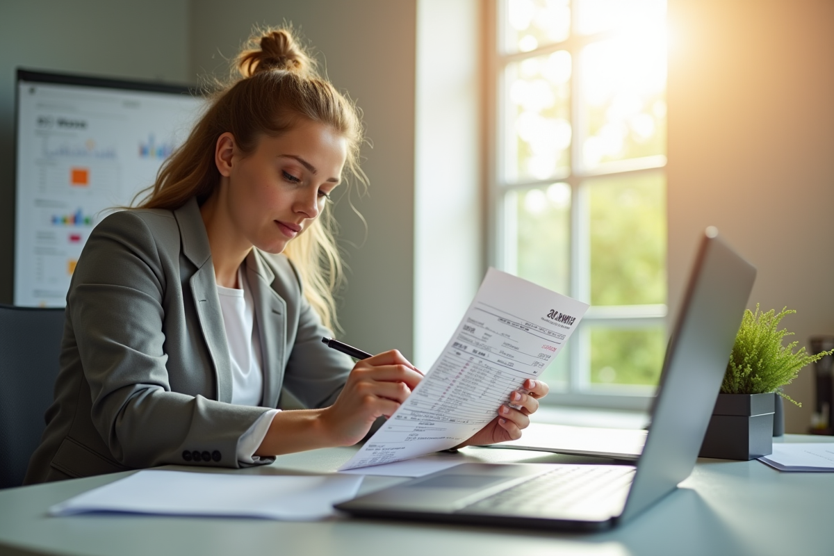 Jeune professionnel analysant une fiche de paie au bureau