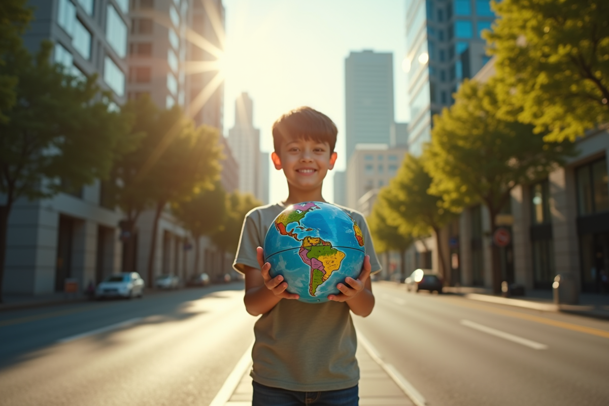 Jeune tenant un globe dans une ville dynamique