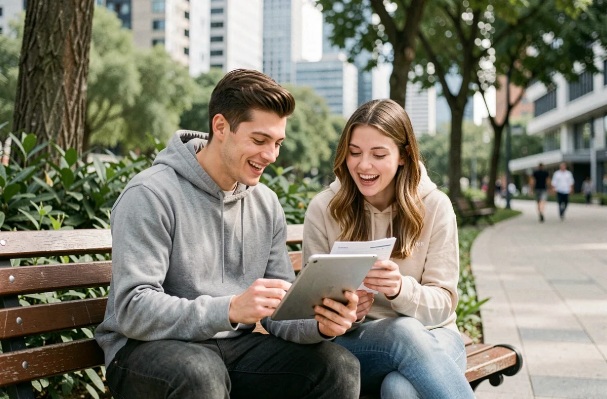 Deux jeunes adultes consultant ensemble un plan d'épargne en bitcoin sur une tablette dans un parc urbain