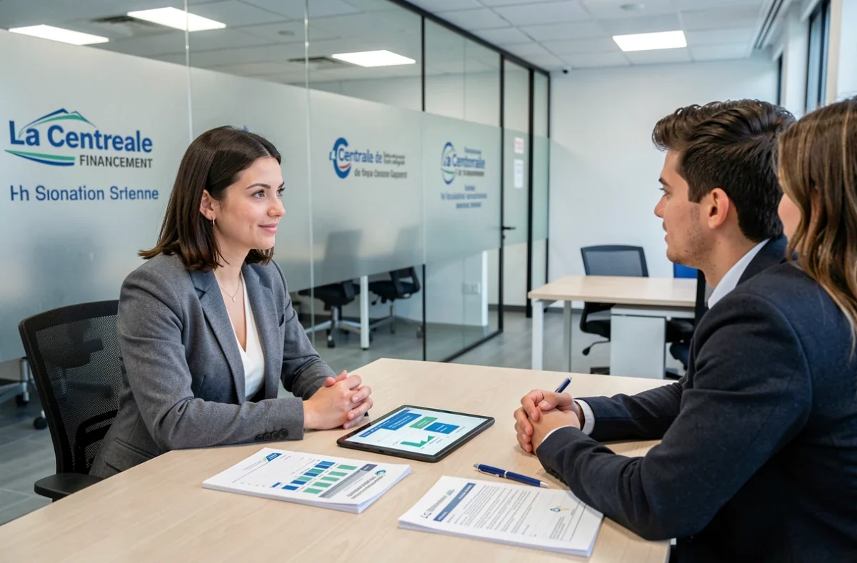 Une conseillère de La Centrale de Financement accompagne un couple dans leur projet de crédit immobilier