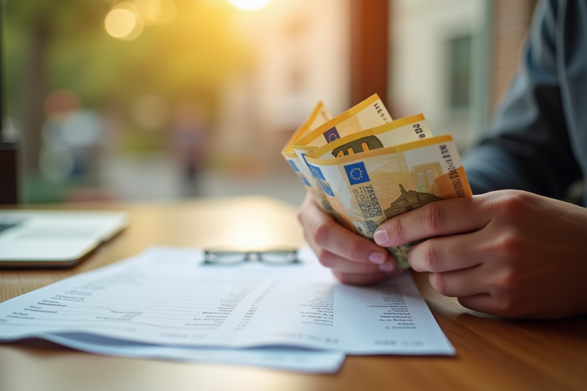 Mains tenant des billets et fiche de paie sur une table ensoleillee