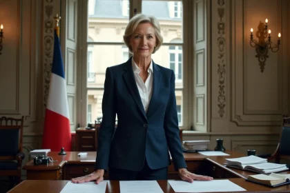 Femme politique dans un bureau institutionnel parisien avec drapeau français, évoquant la fonction de maire de Paris
