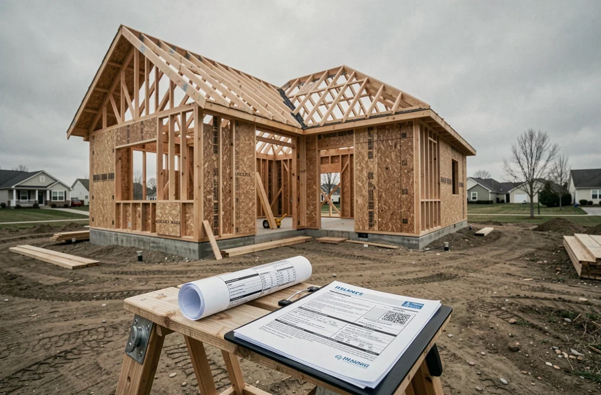Maison individuelle en cours de construction avec documents d'assurance dommage ouvrage posés sur un chevalet