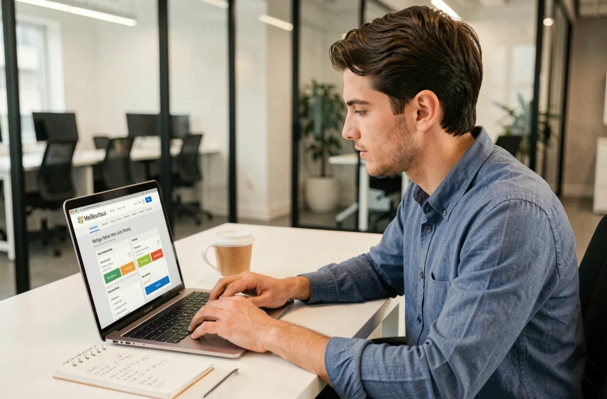 Un utilisateur compare des offres de crédit immobilier sur le site Meilleurtaux depuis un espace de travail moderne