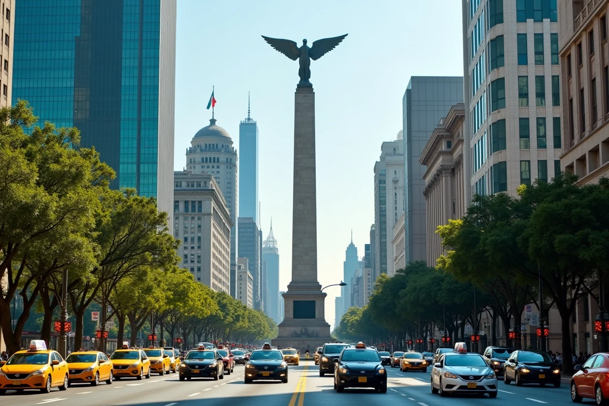 Le Paseo de la Reforma à Mexico City avec l'Ange de l'Indépendance et les tours des grandes banques, représentant l'économie du Mexique