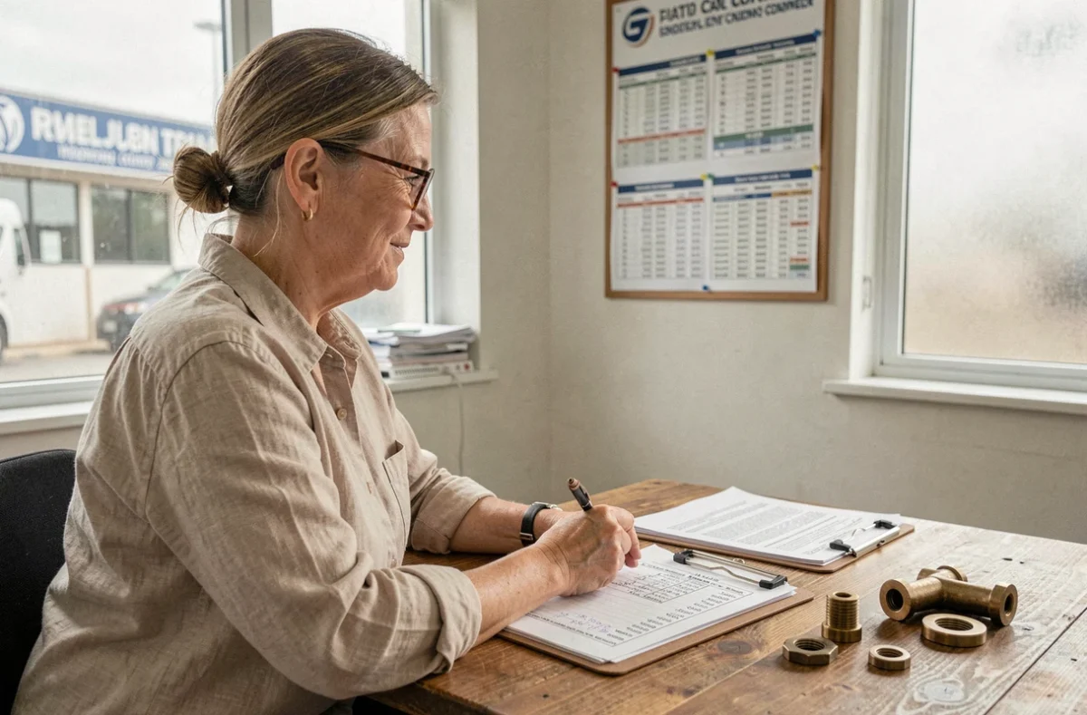 Une femme compare les prix du kilo de bronze sur des documents officiels dans un bureau de négoce de métaux