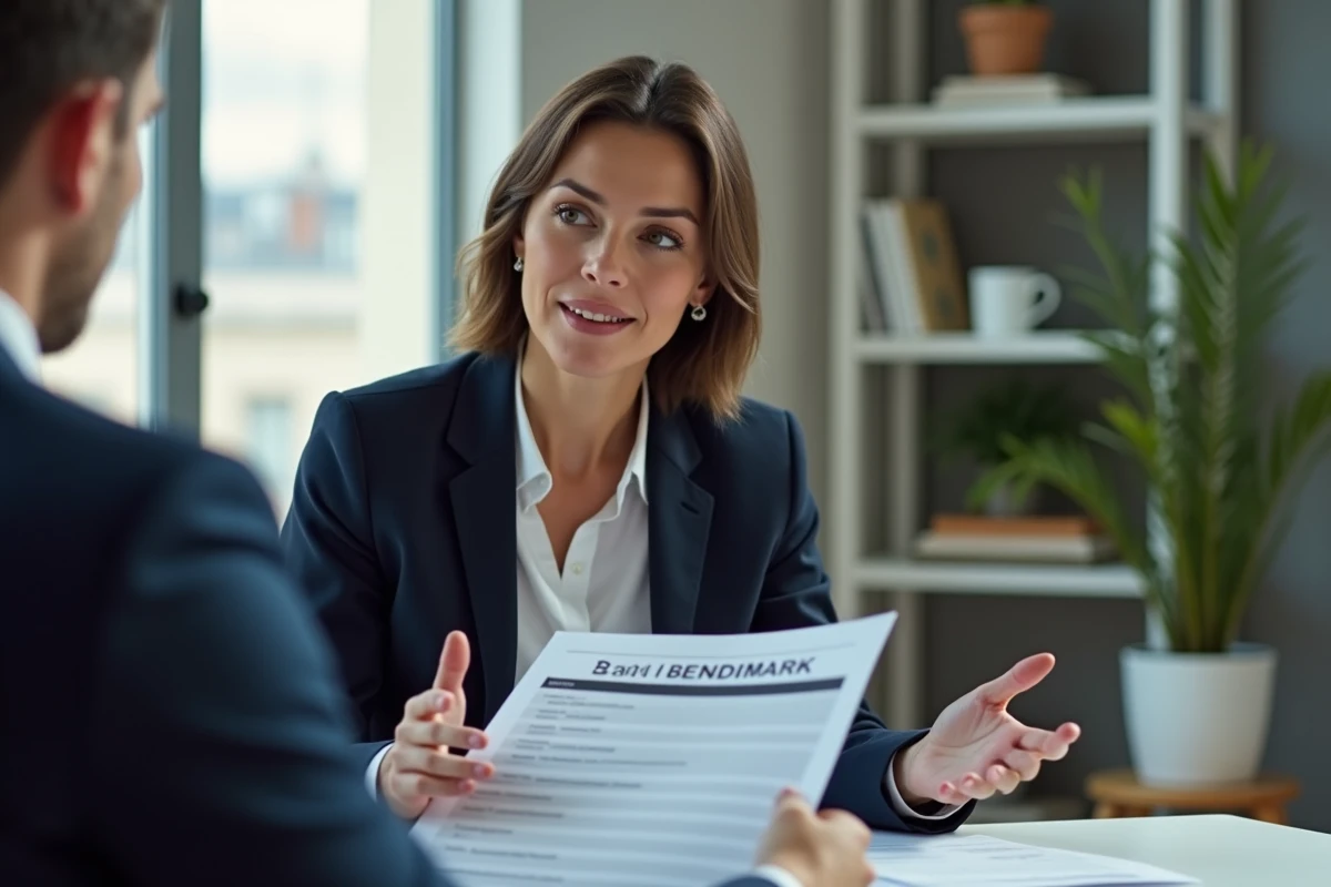 Femme cadre négociant son salaire en s'appuyant sur des données de revenus médians en France lors d'un entretien professionnel