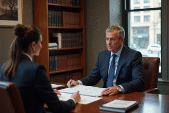 Notaire en costume expliquant des documents à une cliente