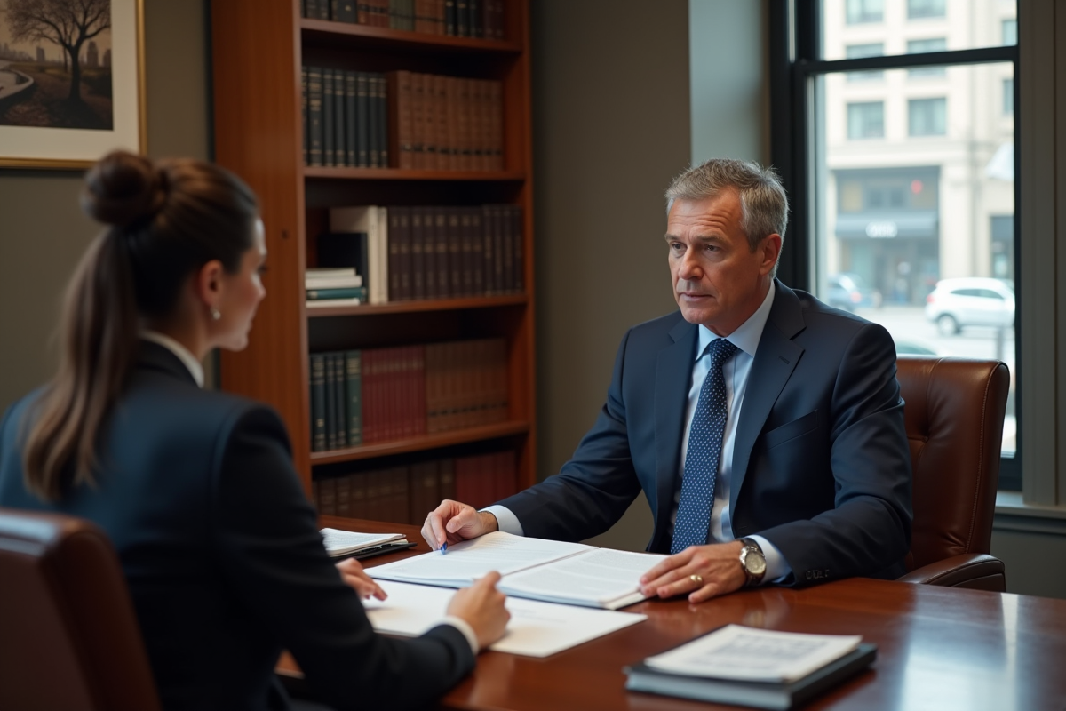 Notaire en costume expliquant des documents à une cliente