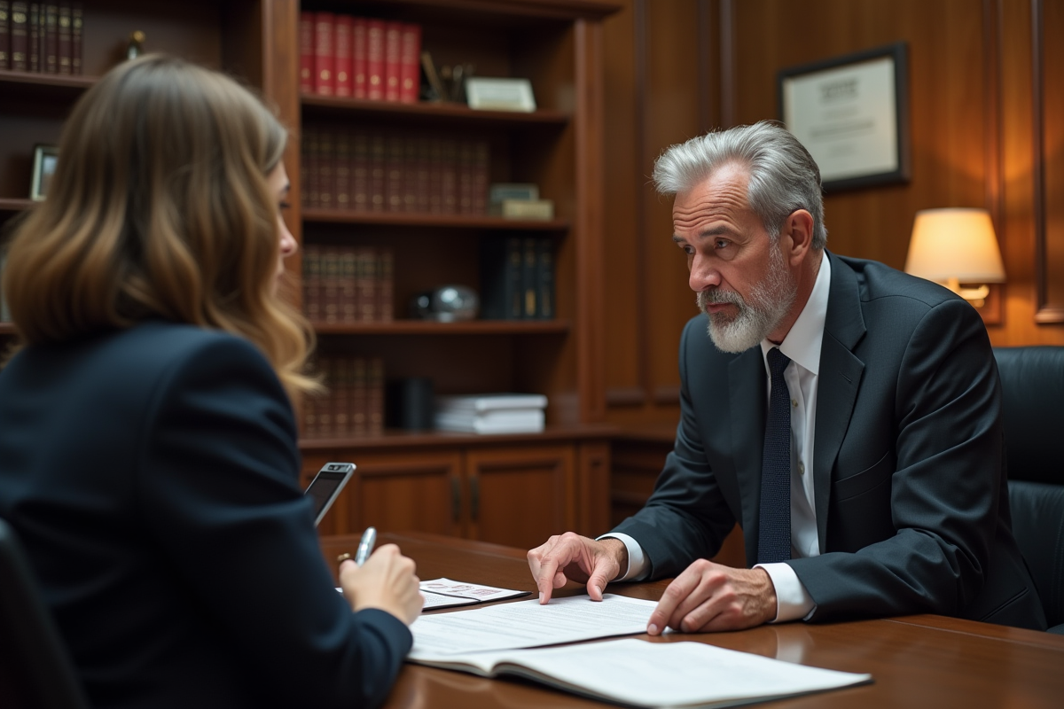 Notaire guide une jeune femme dans un bureau élégant