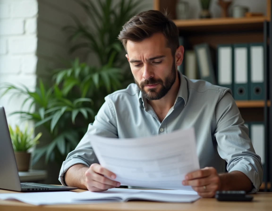 Un homme consultant ses documents fiscaux et sa déclaration de revenus sur un bureau en bois à domicile, symbolisant l'optimisation fiscale de la prime Macron 2026