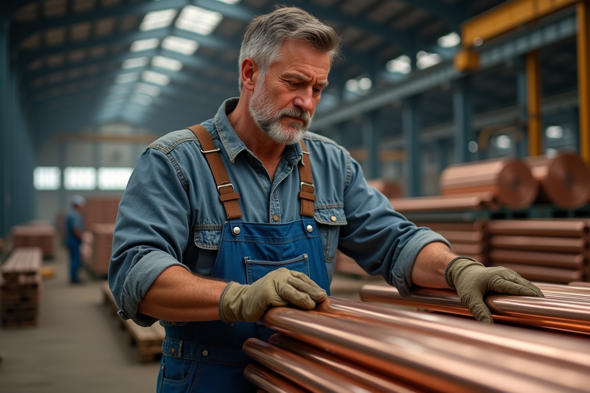 Ouvrier inspectant des tuyaux de cuivre dans un entrepôt industriel
