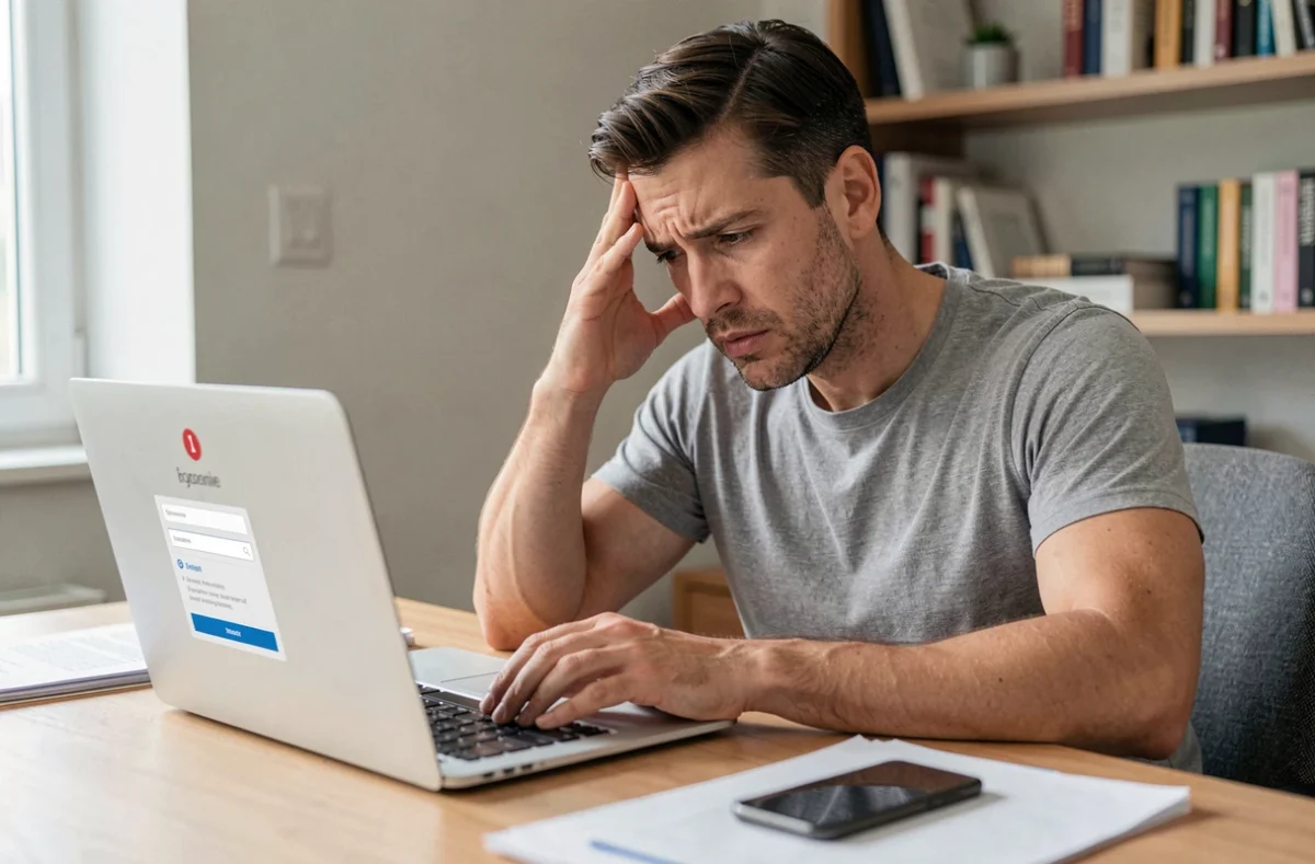 Homme frustré devant son ordinateur portable face à un refus de paiement de facture Free