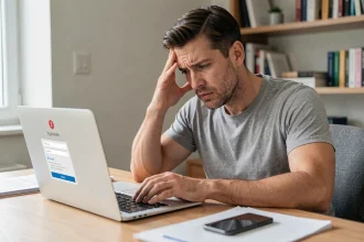 Homme frustré devant son ordinateur portable face à un refus de paiement de facture Free
