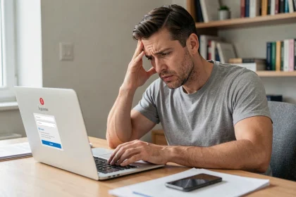 Homme frustré devant son ordinateur portable face à un refus de paiement de facture Free