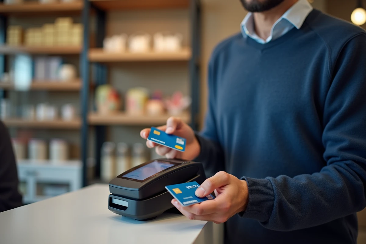 Homme effectuant un paiement sans contact avec sa carte Société Générale en magasin