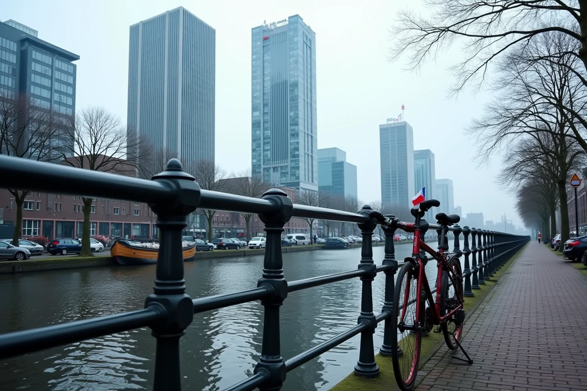Le quartier Zuidas d'Amsterdam avec les tours financières modernes, un canal et un vélo hollandais, représentant l'économie des Pays-Bas