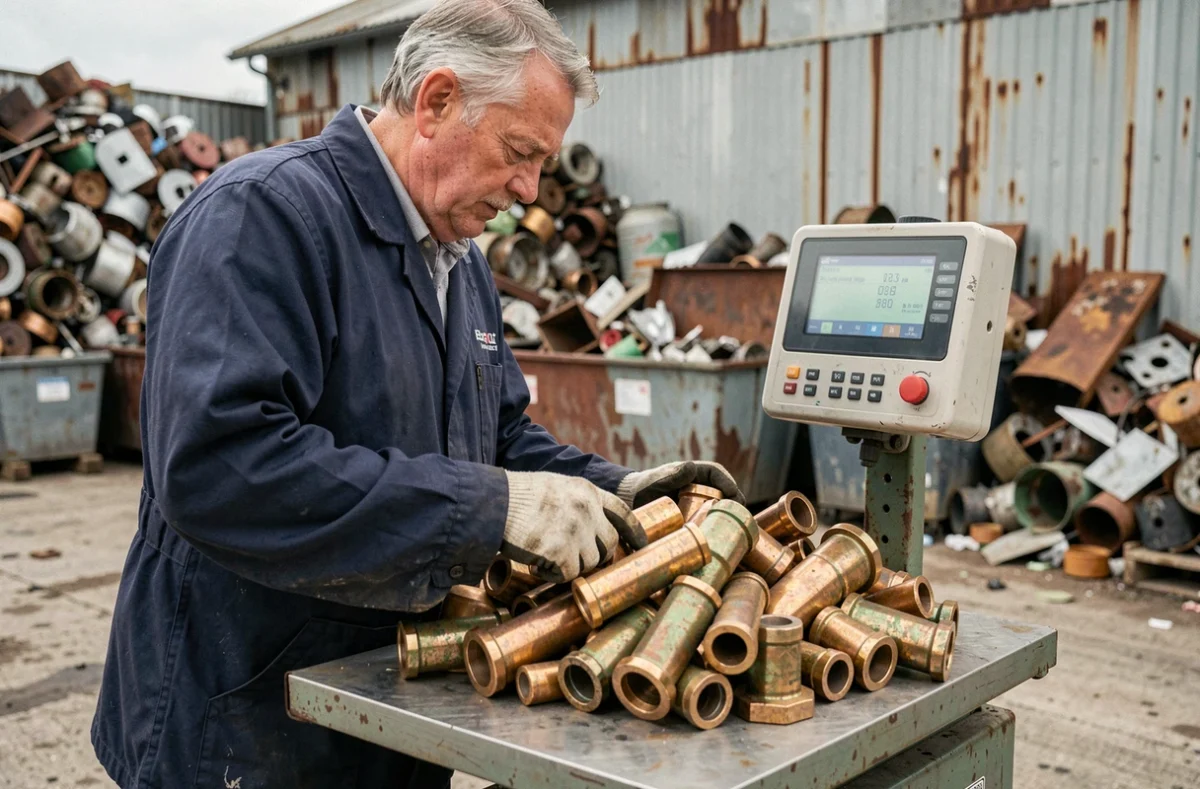 Un homme examine des pièces en bronze sur une balance industrielle dans un centre de recyclage de métaux
