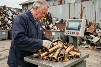 Un homme examine des pièces en bronze sur une balance industrielle dans un centre de recyclage de métaux