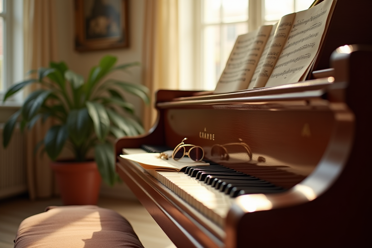 Grand piano élégant dans un salon ensoleille avec partitions