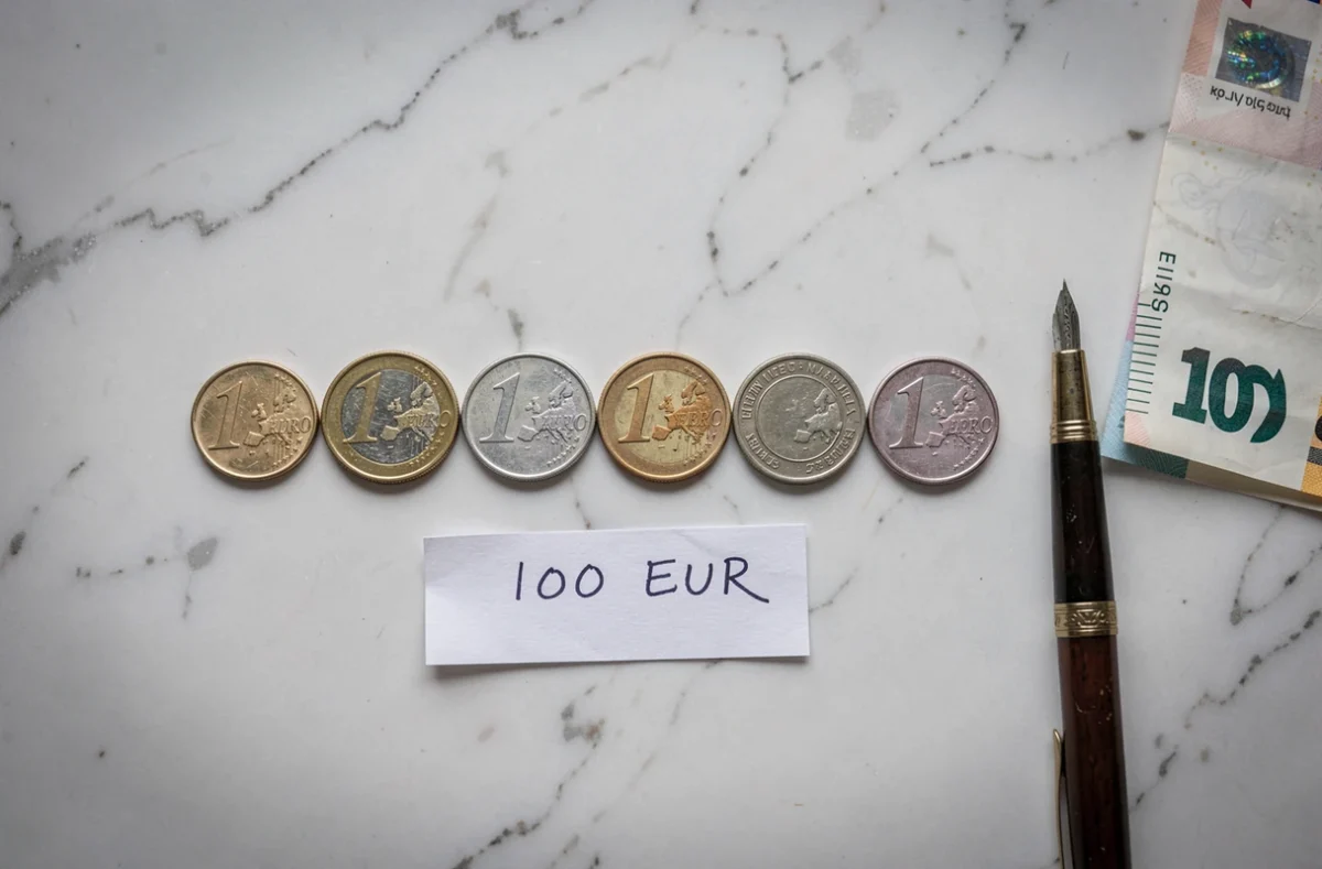 Vue aérienne de pièces et billets en euros et dollars posés sur marbre blanc pour illustrer la conversion de devises